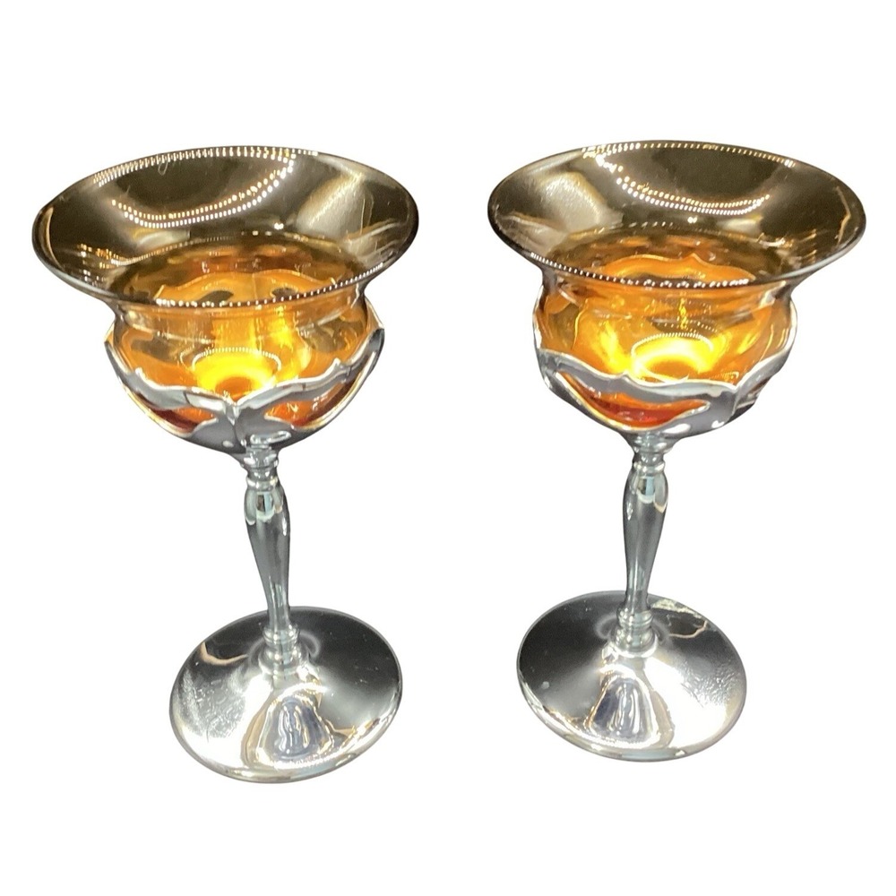 2 VTG Farber Bros Chrome (Khrome Kraft) & Amber Cambridge Glass Cordial Glasses